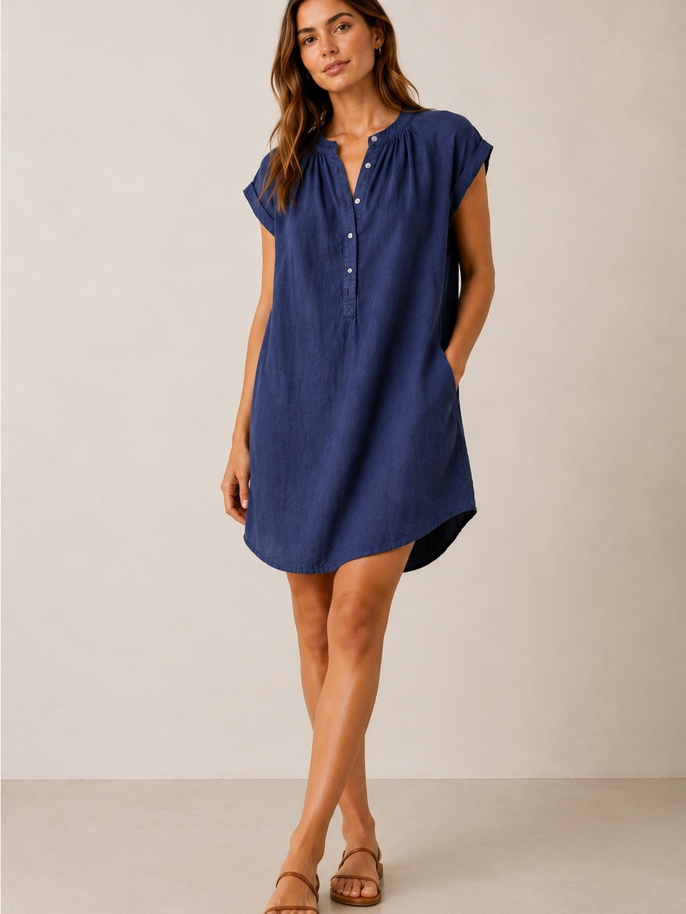 Bella Dahl 100% Linen Navy Blue Cap Sleeve Henley Shift Dress Small